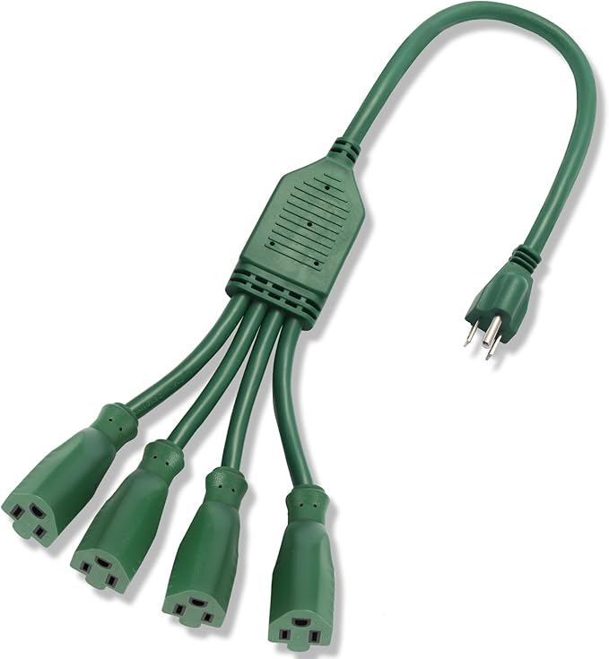 Extension Cord Splitter,4 Plug Splitter,14AWG SJTW 15A 1875W 14/3-Gauge 2.3FT Power Splitter, 4 Way 3 Prong 1 to 4 Plug Power Cord Splitter, Heavy Duty Cable, Green, for Indoor or Outdoor Use.