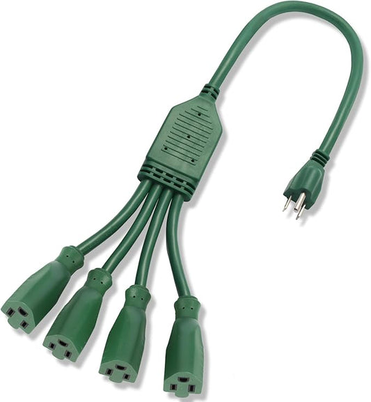 Extension Cord Splitter,4 Plug Splitter,14AWG SJTW 15A 1875W 14/3-Gauge 2.3FT Power Splitter, 4 Way 3 Prong 1 to 4 Plug Power Cord Splitter, Heavy Duty Cable, Green, for Indoor or Outdoor Use.