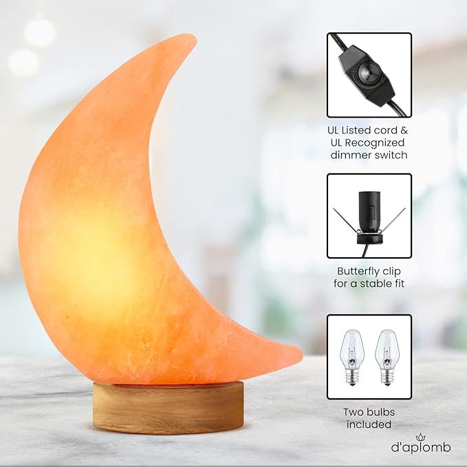 d'aplomb 100% Authentic Natural Himalayan Salt Lamp;Hand Carved Moon Pink Crystal Rock Salt from Himalayan Mountains; Dimmer Cord; 5 lbs