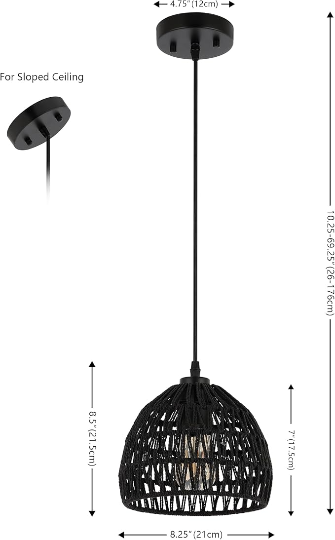 JONATHAN Y 8.25" Black Modern Bohemian Woven Rope LED Pendant Light Fixture, Adjustable Dome Ceiling Lamp for Kitchen Island, Rope Shade, Coastal Farmhouse Decor (JYL6512B)