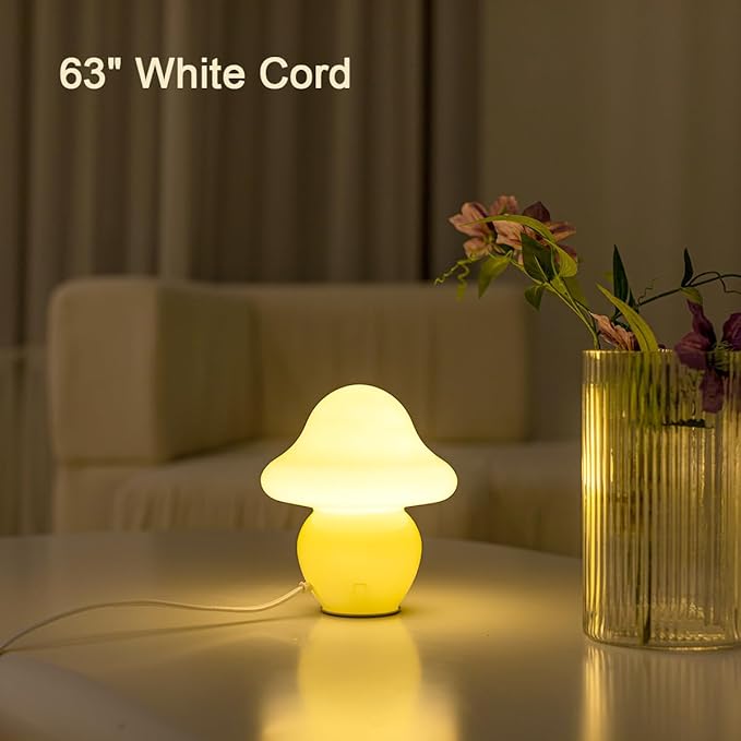 Mushroom Lamp White Glass Mushroom Table Lamp for Bedrooms, Living Room, Aesthetic Lamps for Bedroom, Cute Bedside Lamp (Yellow)
