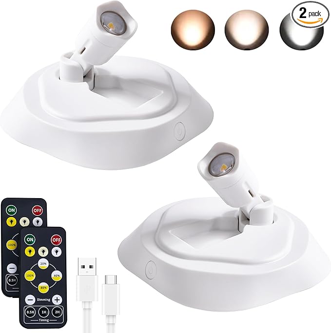 Wireless LED Spotlight Indoor with Remoter, 2 Pack Battery Powered Picture Lights, Rechargeable Spot Lights with 3 Colors Mode, Dimmable Timer Art Lights Accent Puck Light for Plant Wall