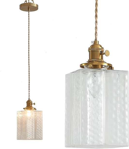 Hanging Lamp, 6.5 Inchs Cuboid Glass Lampshade Farmhouse Pendant Lights Kitchen Island 6.5ft Braided Light Cord Hanging Light for Bedroom Hallway Light Fixture with Light Bulb