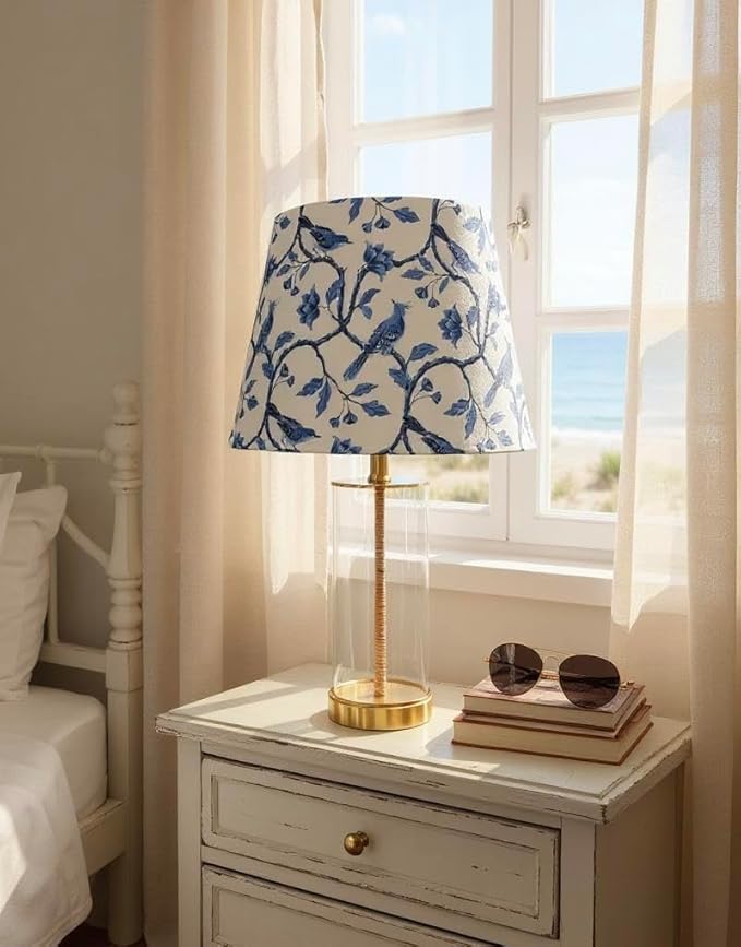 Tristan Home Blue & White Chinoiserie Empire Lamp Shade – 14" Bottom x 10" Height – Textured Velvet Bird Floral Pattern – Spider Fitter Replacement Shade