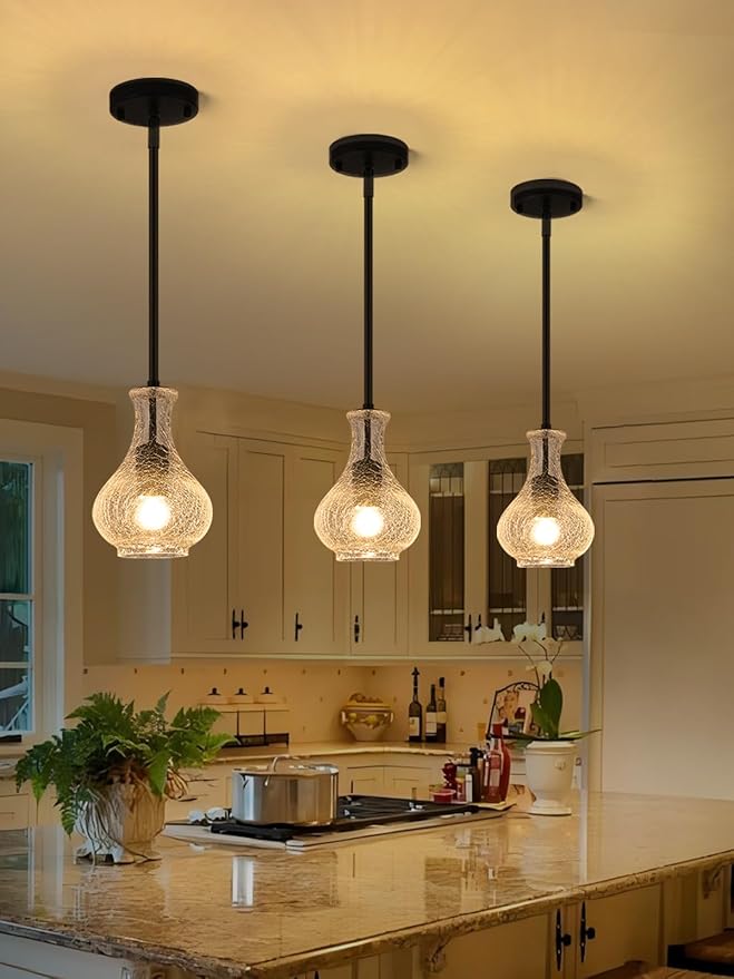 Black Pendant Lights Kitchen Island, 5.9" Unique Crackle Glass Pendant Light Fixtures with Adjustable Rods, Modern Single Hanging Lighting for Kitchen Island, Sink, Bathroom, E26 Base