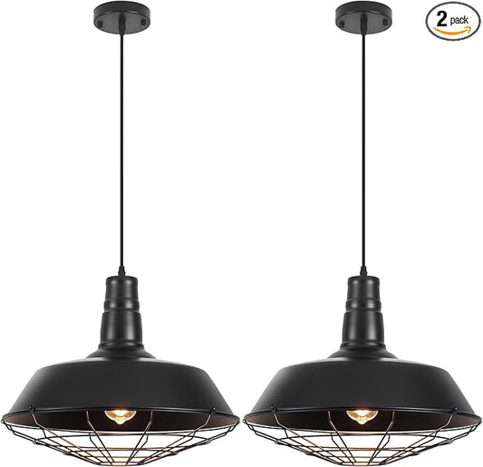Black Farmhouse Pendant Light, 18.1 Inch Large Pendant Lights Kitchen Island, Industrial Pendant Light with Wire Cage, Barn Light 2 Pack, Island Pendant Lights for Kitchen Barn Dining Room