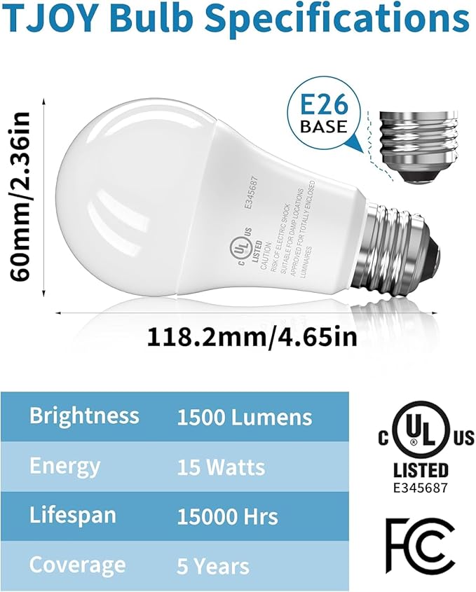 TJOY LED Light Bulbs, 100 Watt Equivalent A19, 5000K Daylight LED Bulb, 15W Bright White Energy Saving Lightbulbs with E26 Standard Base, 1500 Lumens Non Dimmable Lamp for Home Bedroom Indoor, 4 Pack