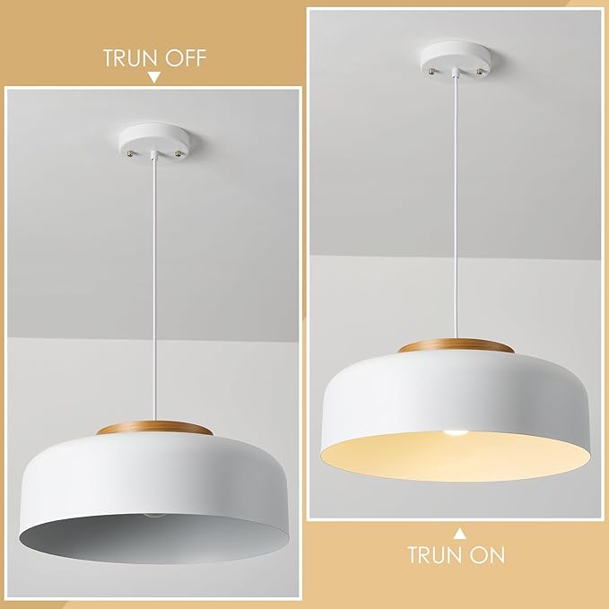 Large Pendant Lighting, 17.7 inch,Natural Wood Cap, Adjustable Cord,Simple Modern Chandelier for Dining Room, Kitchen Table Matte White