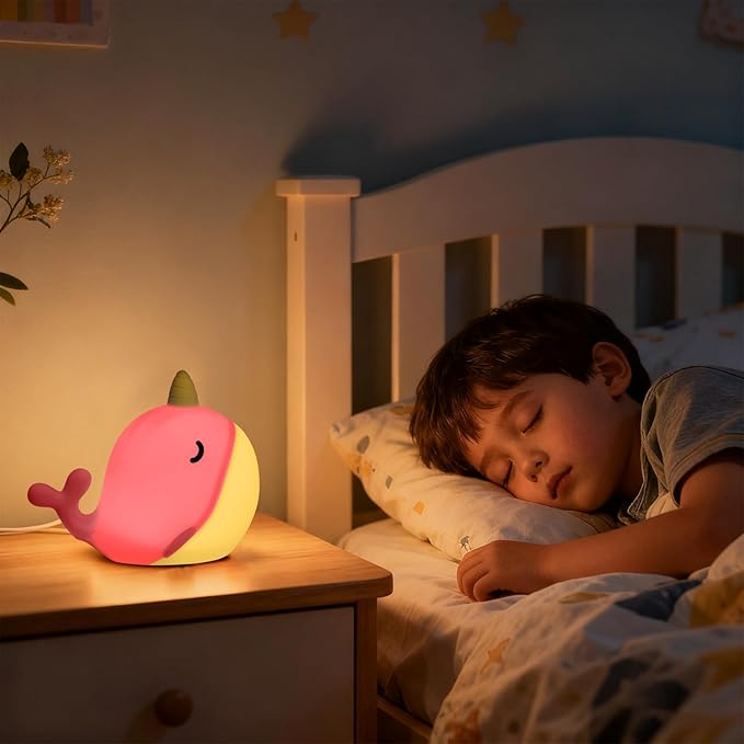 Cute Narwhal Night Light, Tap Control with 3 Warm White Brightness, USB Kids Bed Lamp with 30-Minute Timer, Soft Silicone Glow for Nursery, Birthday Gift (Pink Narwhal)
