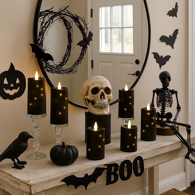5 Packs Flameless Candles, Black Battery Operated Candles, Black LED Candles with Remote, Realistic Flickering Dancing Flame, Outdoor Waterproof for Halloween Party Outdoor Garden