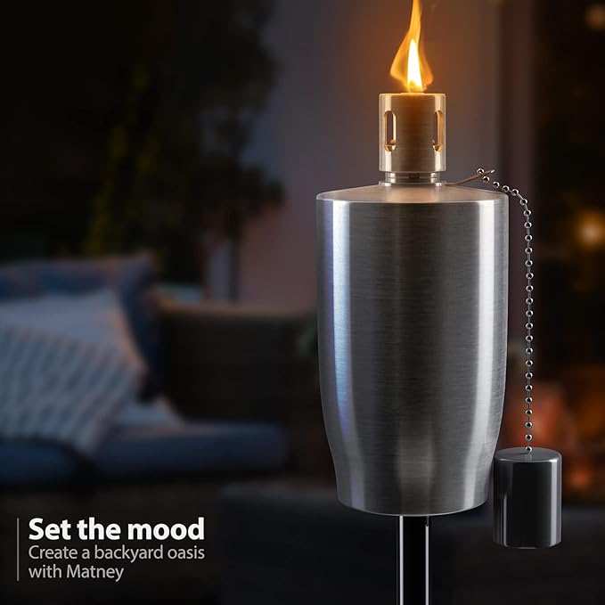 Matney Stainless Steel Outdoor Torches - Decorative Garden & Yard Lights - 5 ft Oil Lamp for Citronella - Fiberglass Wick & Snuffer Cap - Set of 2 (Cylinder)