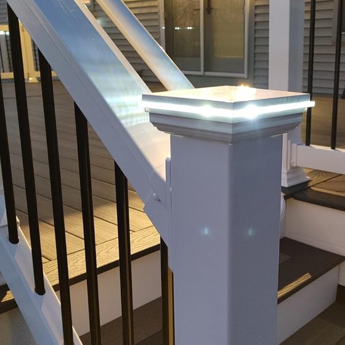 DekLights® Pro Line LED Lighted Post Cap for 4x4 Deck/Fence Posts. Wired 12volt Low Voltage with Replaceable Light Bulb. for Vinyl or Composite railings. Made in USA (White Glass Edge Upgrade 6000k)