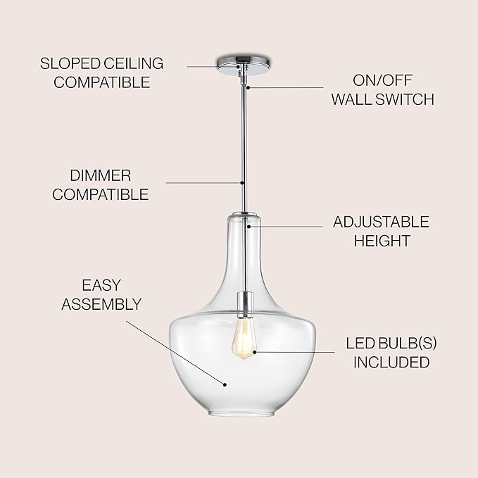 JONATHAN Y JYL6401A Watts 13.25" Glass/Metal LED Pendant Farmhouse Contemporary Dimmable Dining Room Living Room Kitchen Foyer Bedroom Hallway, Chrome/Clear