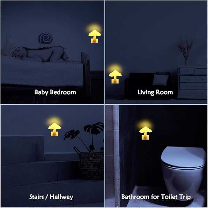 Sensor LED Mushroom Night Lights - 2Pack Plug into Wall Mushroom Lamp, Cute Mini Dream Bed Nightlight for Kids Adults for Home Office, Bedroom, Bathroom Toilet, Stairs, Hallway Corridor, Warm Yellow