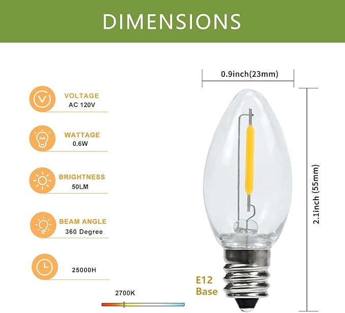LED Accessory Cord with 5 LED Night Light Bulbs - C7 Christmas Village Light Accessory Cord - C7 led Bulb Warm White with Spare Fuse for Holiday Decoration and Craft Village House Decoration