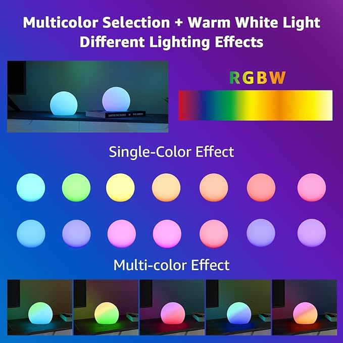 FUYO Smart Table Lamp, 6-inch Rechargeable LED Globe Orb Light with App/Remote Control, IPX6 Water-Resistant, 16 Colors & 4 Modes, Sphere Night Light for Home Bedroom Pool Garden Decor