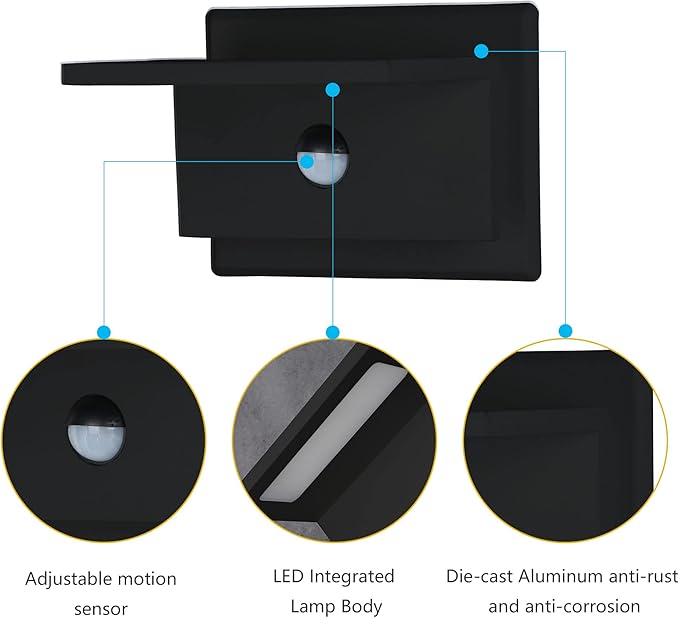 Lustrlach Outdoor Wall Light Black LED Exterior Motion Sensor Light Fixture for House Waterproof Wall Mount Porch Light for Garage Outside Garden 10W 3000K