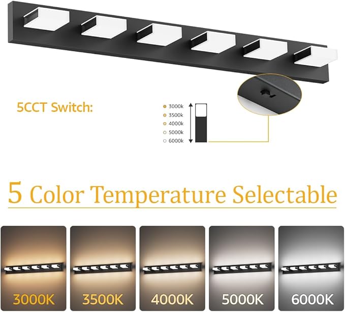 Aipsun 5 Color Temperature 6 Lights Black LED Vanity Lights Dimmable Acrylic Modern Matte Black Bathroom Vanity Lighting Fixtures Bathroom Wall Light Fixtures Over Mirror