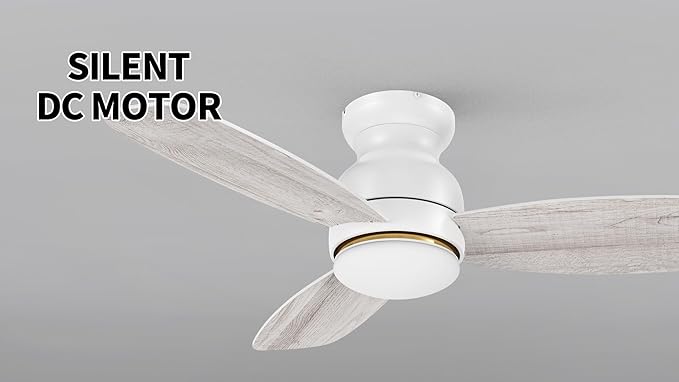 CEME 44 Inches White Ceiling Fan with Light Flush Mount, DC 10 Speeds Silent Ceiling Fan with Remote, 3 Dual Finish Blades, 3 Light Colors Dimmable LED for Living Room, Bedroom