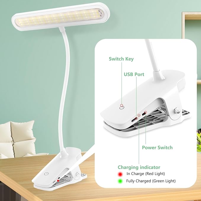 deaunbr Clip on Light, Reading Lights for Books in Bed, Eye Caring 66 LEDs Book Lights, 4 Brightness & Multiple Color Temperatures LED Desk Lamp Rechargeable Night Lamps for Home, Office and Dorm