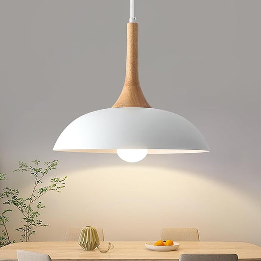 White Pendant Lights Kitchen Island, Modern Pendant Light with Wood Cap, 13.8 inch Dome Pendant Light for Kitchen, Dining Room, Living Room
