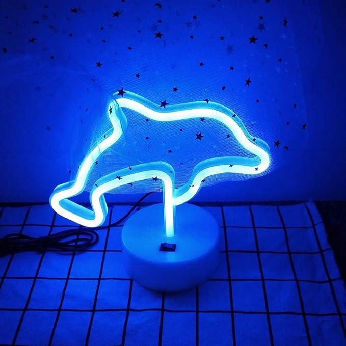Blue Dolphins Shaped LED Neon Night Signs USB & Battery Powered Neon Light with Base LED Light Signs Light up Birthday Party Kids Room Christmas