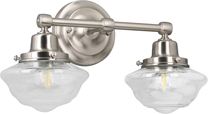 Design House Vintage-Inspired Schoolhouse 2-Light Dimmable Vanity Light, 16.875 in x 7.625 in x 9.5 in, Satin Nickel, Clear Seeded Glass Shades, 589135-SN