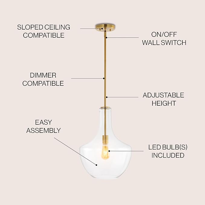 JONATHAN Y JYL6401C Watts 13.25" 1-Light Mid-Century Modern Iron/Glass LED Pendant Contemporary, Coastal, Vintage Bedroom Living Room, Brass Gold/Clear