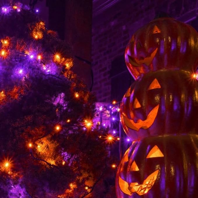 LAMPHOME 50 LED Outdoor Halloween Lights, 16 FT Mini String Light with 9 Modes & 6 Hour Timer, Waterproof Battery Operated for Indoor Outdoor Patio Garden Party Tree Decoration, Orange Purple