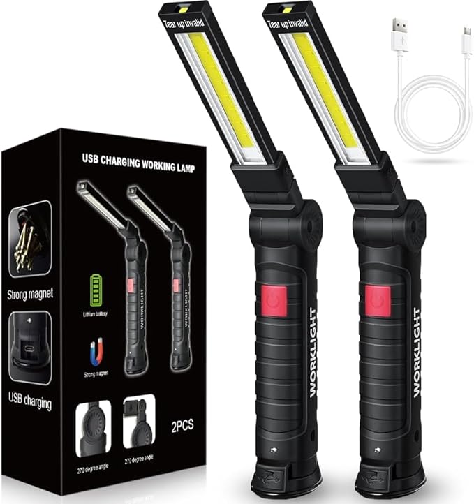 LED Rechargeable Work Light for Mechanics, Easter Gifts for Men Boyfriends Him Husband Birthday Torch Grill Light Inspection Lamp Flashlight Magnetic Base 5 Modes 360° Rotate Emergency 2PCS