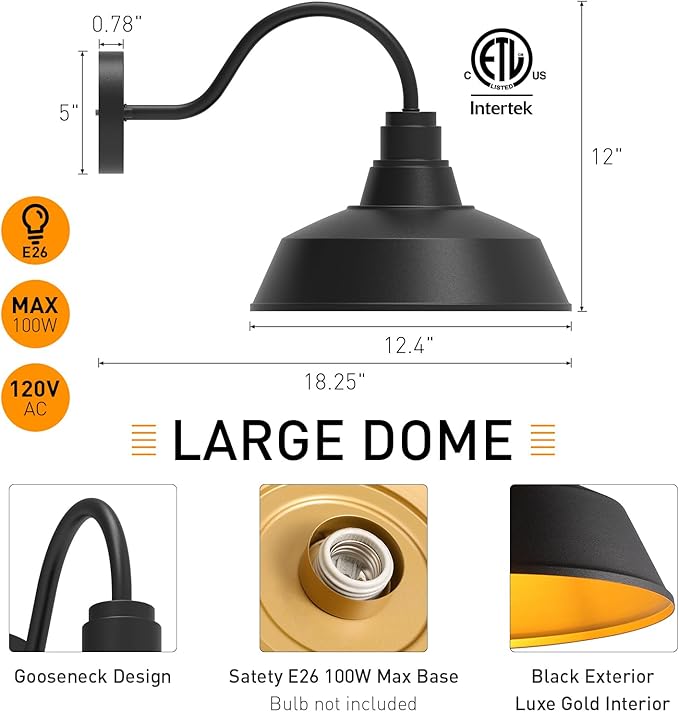 12.4" Barn Light Outdoor Lighting Wall Mount, Farmhouse Outdoor Wall Sconce Vintage Dome Gooseneck Barn Light for Porch Garage Patio, Waterproof Rustproof, 2-Pack