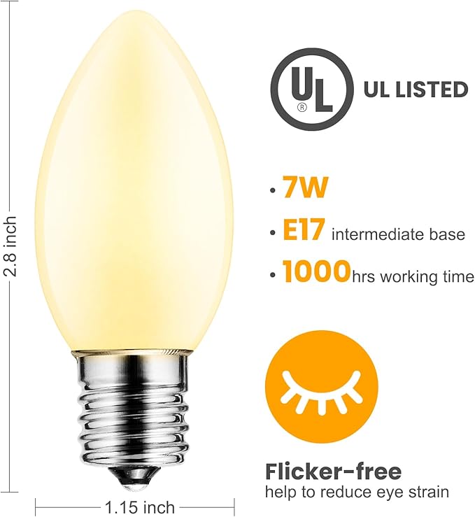 Brightown 25 Pack C9 Replacement Bulbs, Christmas C9 Incandescent Bulbs for Christmas String Lights, Christma Tree, Indoor Outdoor Holiday Decor, E17 Intermediate Base, 7 Watts, White