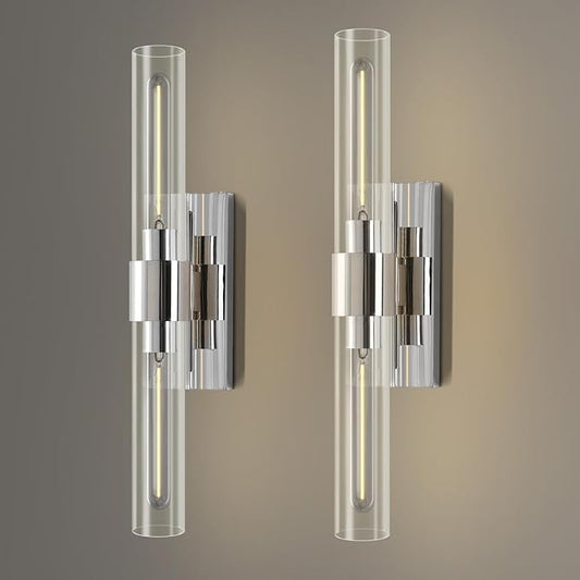 22.8in Nickel Wall Sconces Set of 2, Wall Lighting Fixtures with Clear Glass, Mounted Lamps for Bedroom, Bathroom, Living Room, Hallway