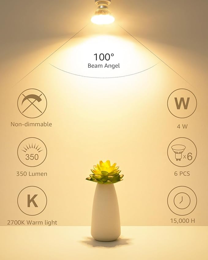 Lepro 2700K Soft Warm Light Non-Dimmable GU10 LED Light Bulbs, GU10 Bulb Replacement for Recessed Track Lights, 4W LED Bulbs with 100°Flood Beam for Kitchen, Range Hood, Living Room, Bedroom, 6 Pack