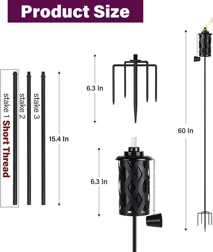 Upgraded 60 Inch Citronella Torches for Outside Set of 4, 16 Oz Outdoor Garden Torches with 5-Prong Grounded Stake, Metal Torch for Garden Décor, Outside Torches for Backyard, Garden, Patio