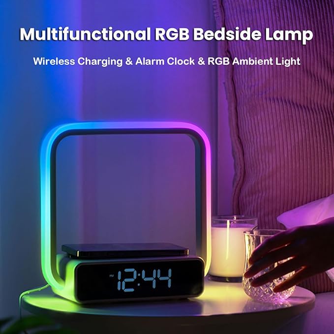 Digital Alarm Clock Wireless Charger, Dimmable Small Bedside Lamp with Alarm Clocks for Bedrooms Home Office Touch Control RGB Night Light Nightstand Lamp for Men Teen