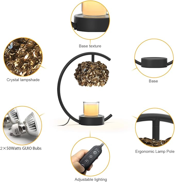 Candle Warmer Lamp for Jar Candles with Adjustable Brightness＆Timer，Handcrafted Crystal Candle Lamp Luxurious Design+2Bulbs,Home Decoration Electric Candle Lamp(Black C-Shaped)