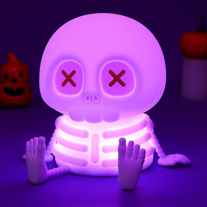 Skull Night Light, Cute Silicone LED Skeleton Lamp, Color Changing & Dimmable Helloween Room Decor, Squishy Cordless Rechargeable Nightlight, Bedside Light for Christmas Halloween Gifts