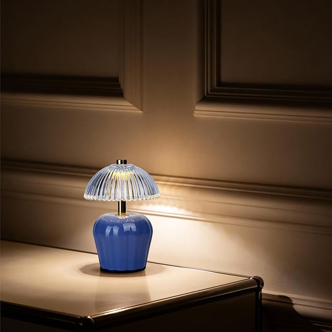 MJ PREMIER Small Cordless Lamp, Battery Operated Lamp with Timer, Mini Crystal Glass Mushroom Lampshade, Cute Small Table Lamps, Decorative Led Light for Bedroom Living Room Shelf (Blue)