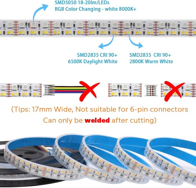 Brightest RGB CCT LED Strip Lights Outdoor Waterproof IP67 Color Changing 24V 270LEDs/m Super Bright RGBWW LED Strip 16.4ft (DC24V Waterproof IP67)