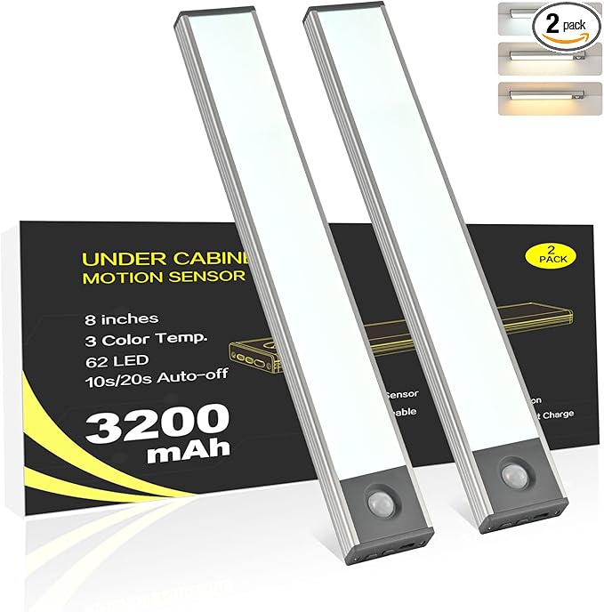 Under Cabinet Lighting, 3200mAh Motion Sensor Light Indoor, Rechargeable Battery Operated LED Closet Lights, Wireless Under Counter Lights for Kitchen Stair (8 Inch, 3 Color Temp, 2 Pack)