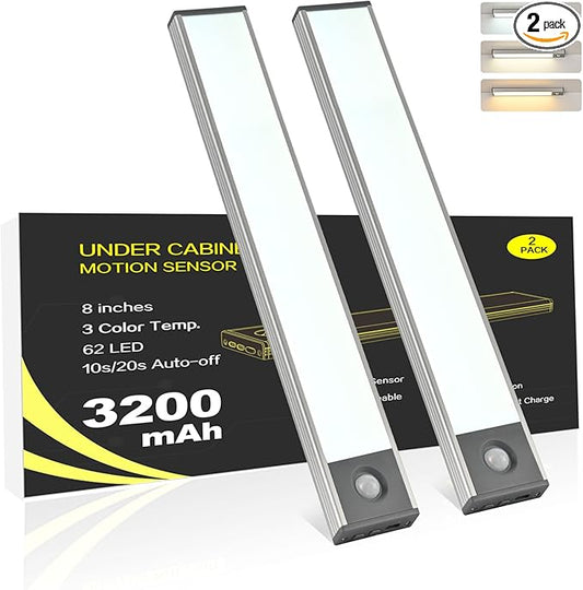 Under Cabinet Lighting, 3200mAh Motion Sensor Light Indoor, Rechargeable Battery Operated LED Closet Lights, Wireless Under Counter Lights for Kitchen Stair (8 Inch, 3 Color Temp, 2 Pack)