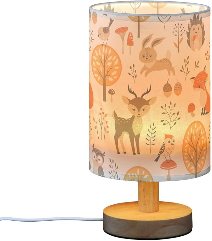 Bedside Table Lamp Woodland Animals Nightstand Lamp with Wood Fox Owl Deer Buuny Trees Leaves Desk Lamps for Bedroom Living Room Nursery Office Home Decor