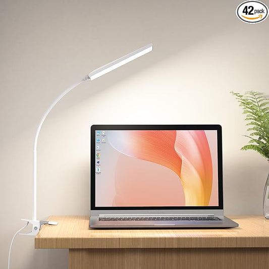 RAOYI LED Desk Lamp, 5W USB Clip on Light Eye-Caring Reading Clamp Table Lamp with 48 LEDs Flexible Neck, 3 Color Modes and 14 Brightness Levels for Office Bedroom Study (White)