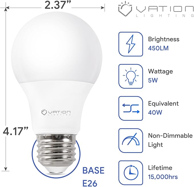4 Pack 40W Equivalent A19 LED Light Bulbs, Daylight 5000K, Non-Dimmable Efficient 5Watt, 450 Lumens, ETL/UL Listed, E26 Standard Base, Energy Efficient for Bedroom Home Office