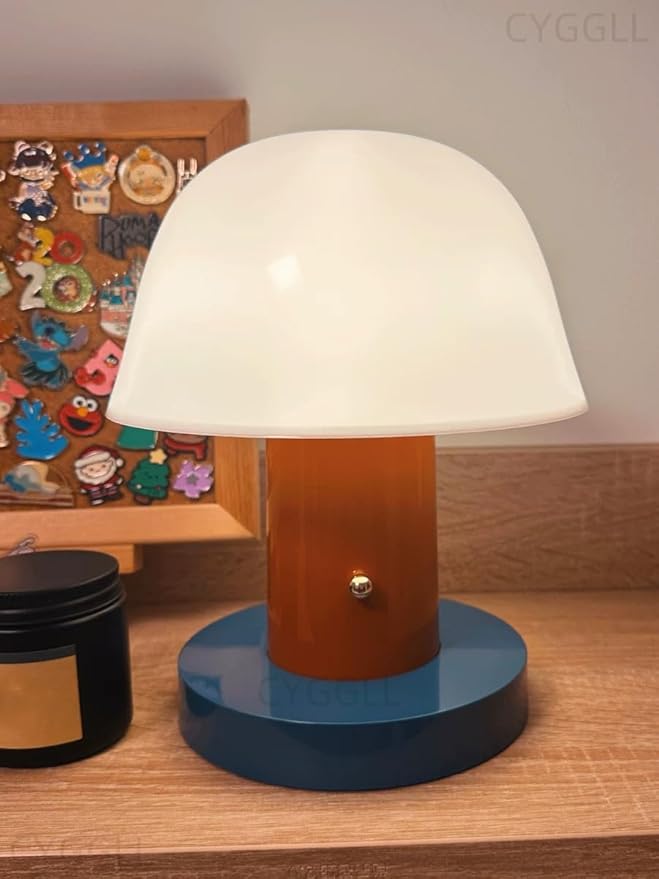 Mushroom Table Lamp Modern Dimmable Night Light Cordless Touch Rechargeable Desk Lamp Nordic Minimalist Retro Nightstand Bedside Lamps for Bedroom Living Room(Brown Red)