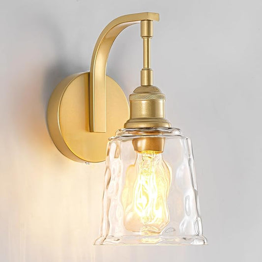 Gold Wall Sconces, Modern Brushed Gold Sconce Wall Lighting, Vintage Glass Light Fixtures for Bathroom Vanity Mirror Living Room Bedroom Kitchen Hallway Stairway E26 Hardwire