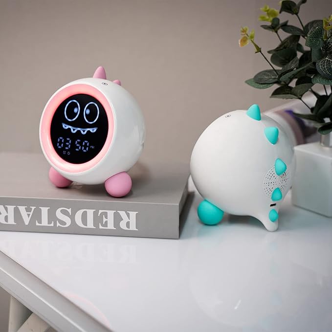 Kids Alarm Clock, Toddler Sleep Training Clock with Night Lights, Sound Machine, Time to Wake Dinosaur Alarm Clock for Children, Gift Ideas for Kids Toddler Boy Girl (Pink)