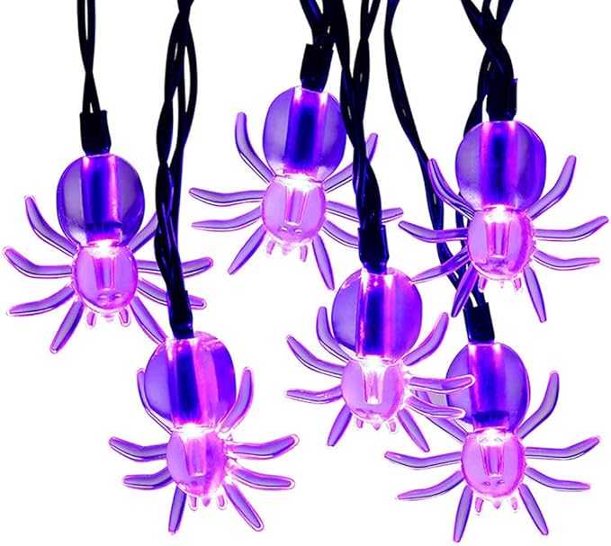 Halloween Solar String Lights, 21.3 Ft 30 LED Purple Spider LED Lights IP65 Waterproof for Halloween Outdoor Indoor Party Decor, Patio, Lawn, Garden, Yard