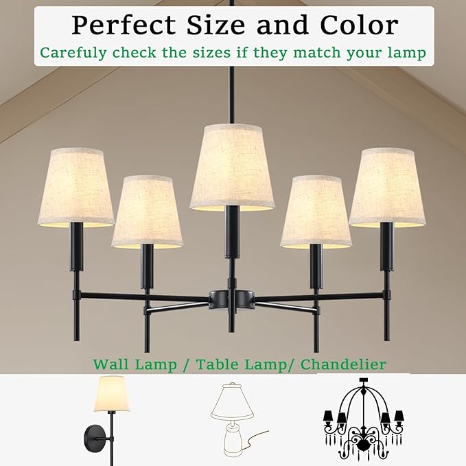 3" Top x 6" Bottom x 5" High Chandelier Shades, Beige 3.0x6.0x5.0 Inches Linen Fabric Lampshades, Perfect Covers for 6 Light Pendant Light or Wall Sconce, Clip On Bulb, E12 Socket(Small Size, 6 Pack)